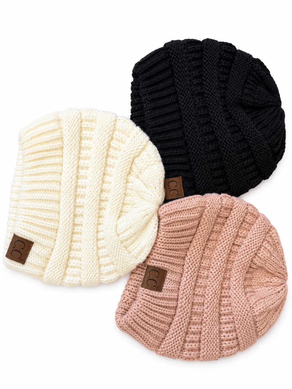Ribbed Knit Beanie Trio — Black, Cream & Pink